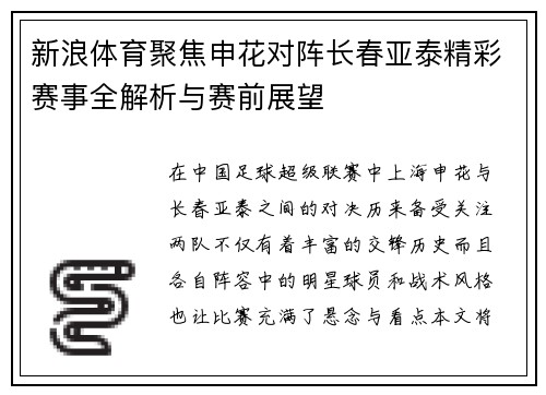 新浪体育聚焦申花对阵长春亚泰精彩赛事全解析与赛前展望